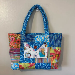 Country Cottage Quilted Tote Bag Cat Lover Floral Sewing Bag